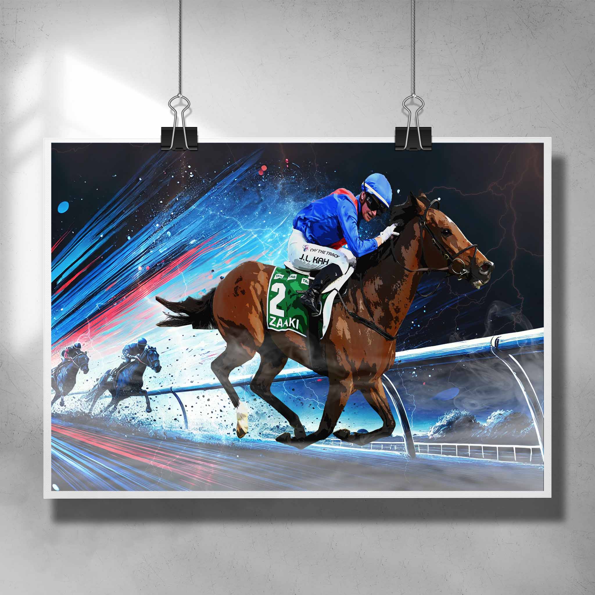 Zaaki horse racing art poster with Jamie Kah in blue and red silks, capturing dynamic mid-race action. Ideal for horse racing fans and man cave decor.