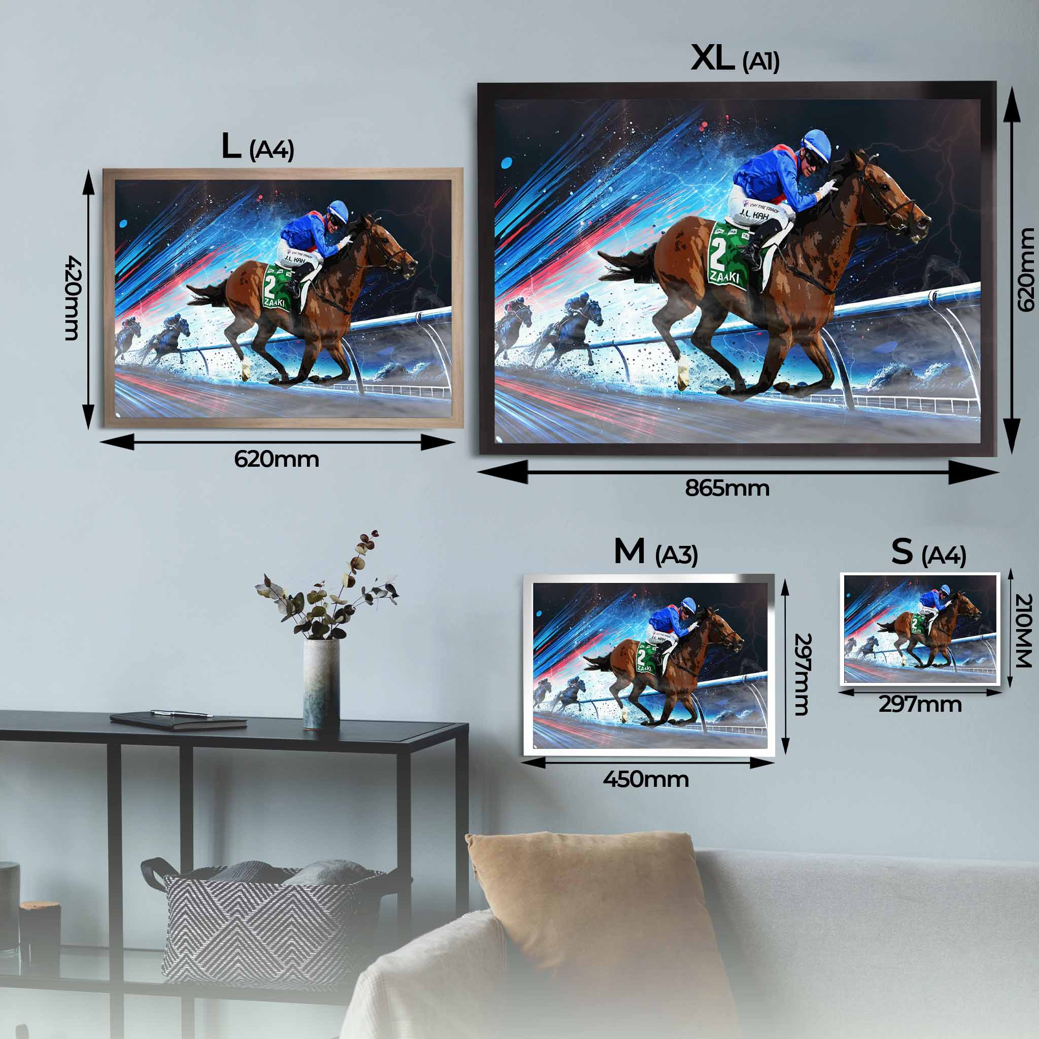 Zaaki Horse Racing Framed Art Sizing Guide.