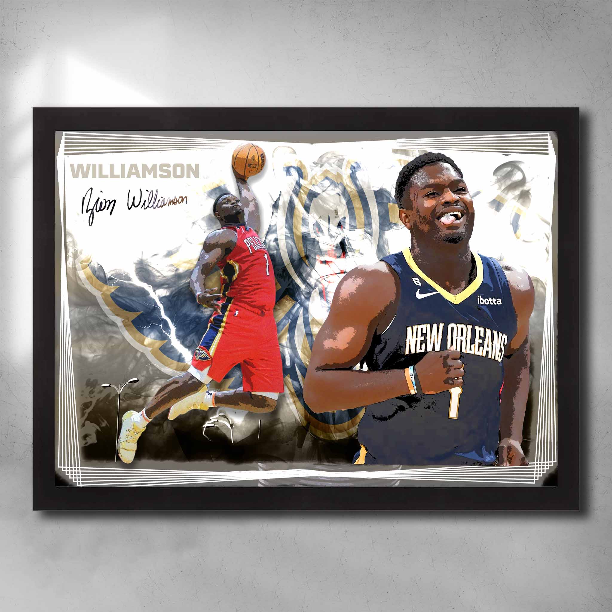 Black framed NBA art by Sports Cave, featuring Zion Williamson from the New Orlean Pelicans.