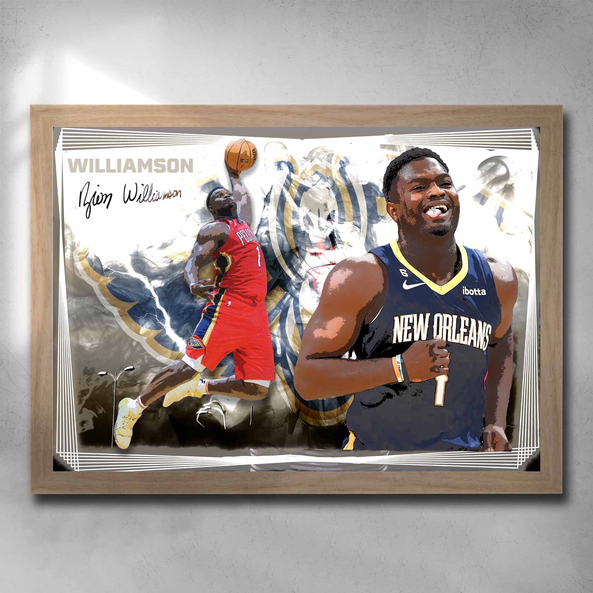 Oak framed NBA art by Sports Cave, featuring Zion Williamson from the New Orlean Pelicans.