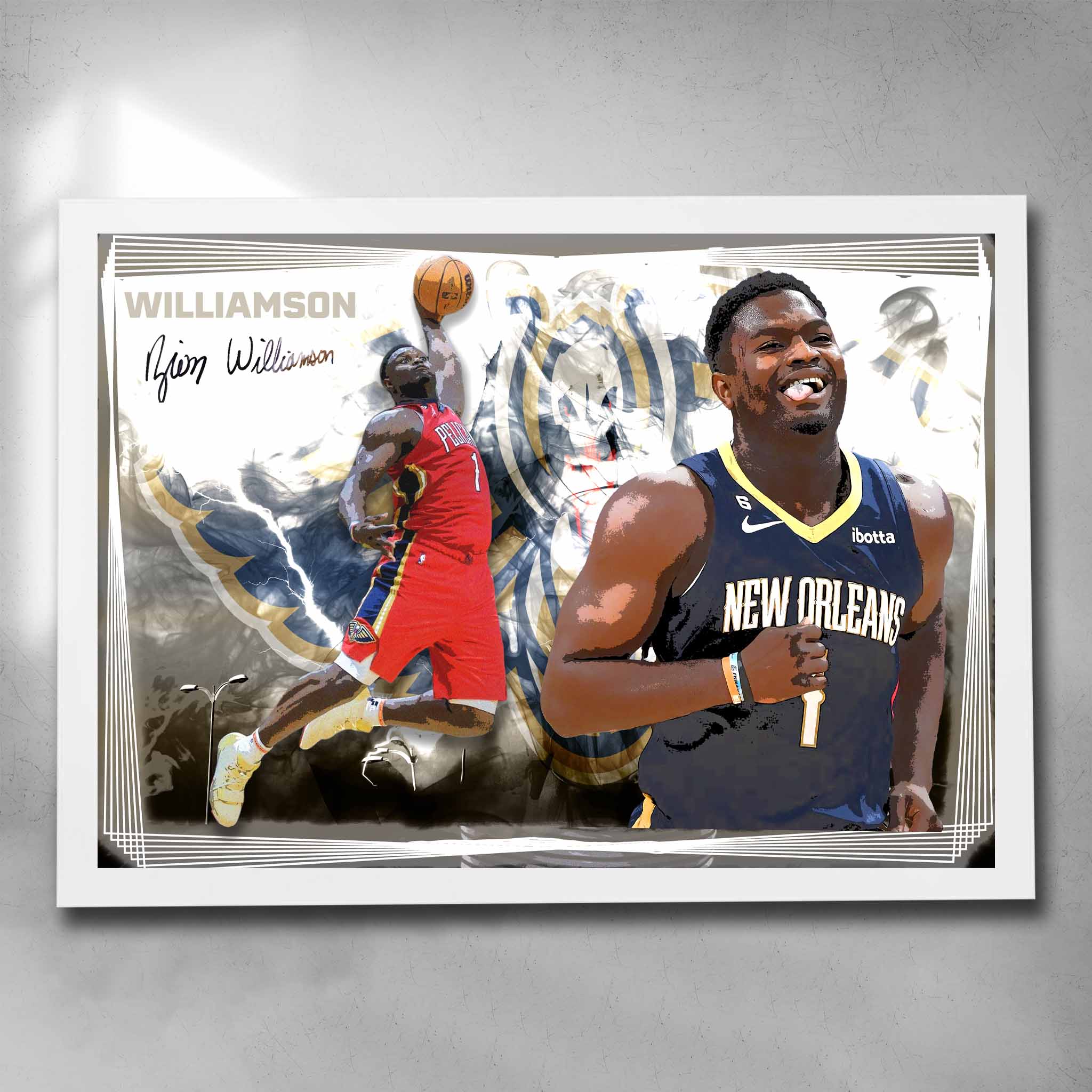 White framed NBA art by Sports Cave, featuring Zion Williamson from the New Orlean Pelicans.