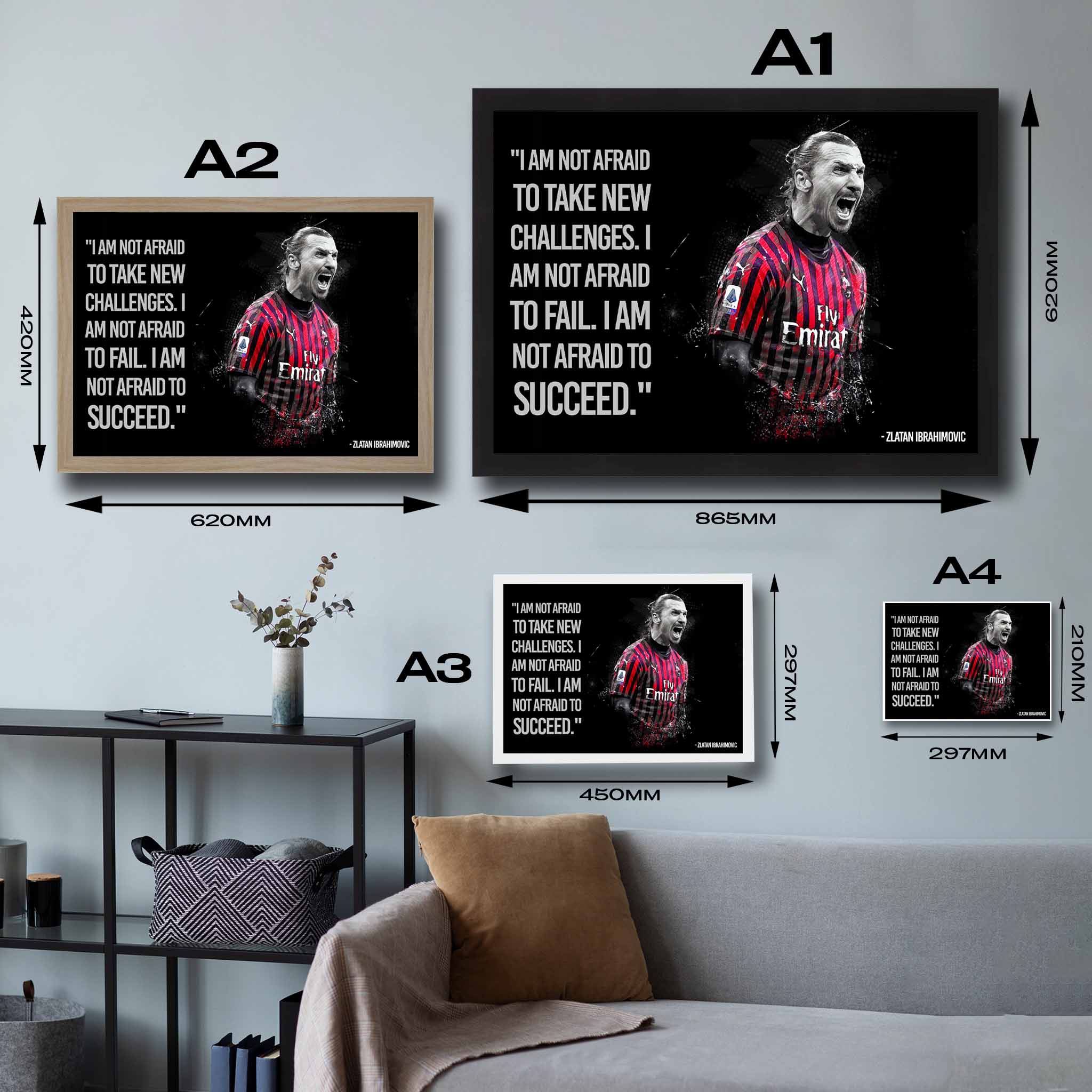 Visual representation of Zlatan Ibrahimovic motivational framed art size options, ranging from A4 to A2, for selecting the right size for your space.