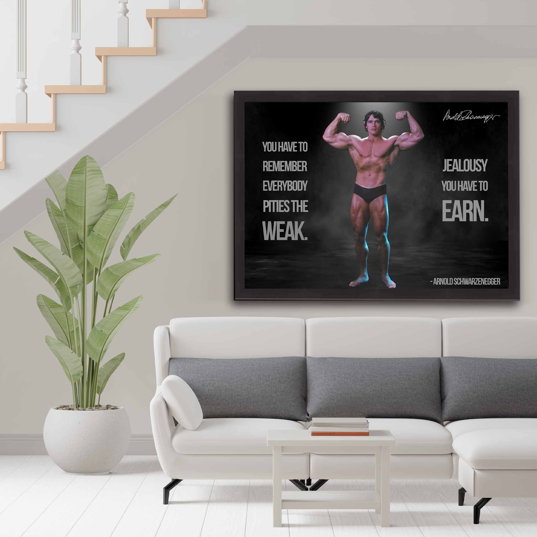 Arnold Schwarzenegger motivational poster in living room - black framed fitness wall art, gym inspiration, home decor.