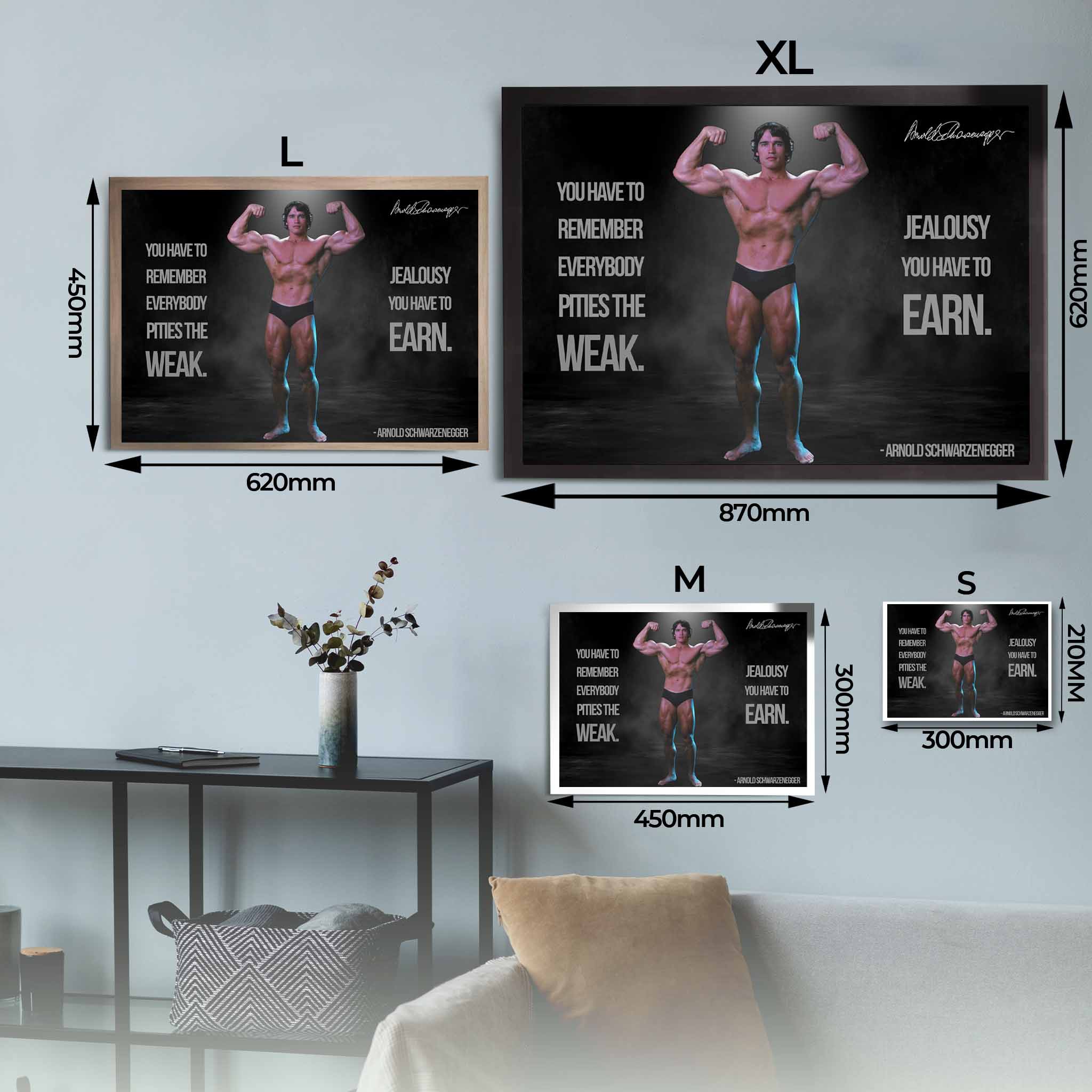 Arnold Schwarzenegger Motivational Framed Art Sizing Guide.