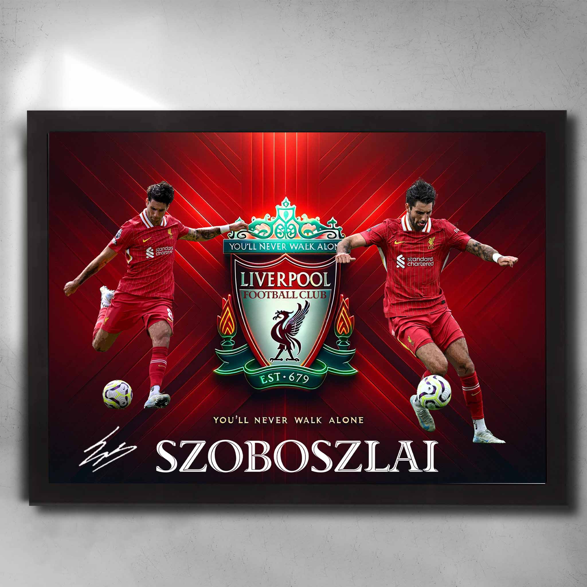 Dominik Szoboszlai Liverpool FC black framed poster featuring dynamic action shots and club crest, perfect football art for fans.