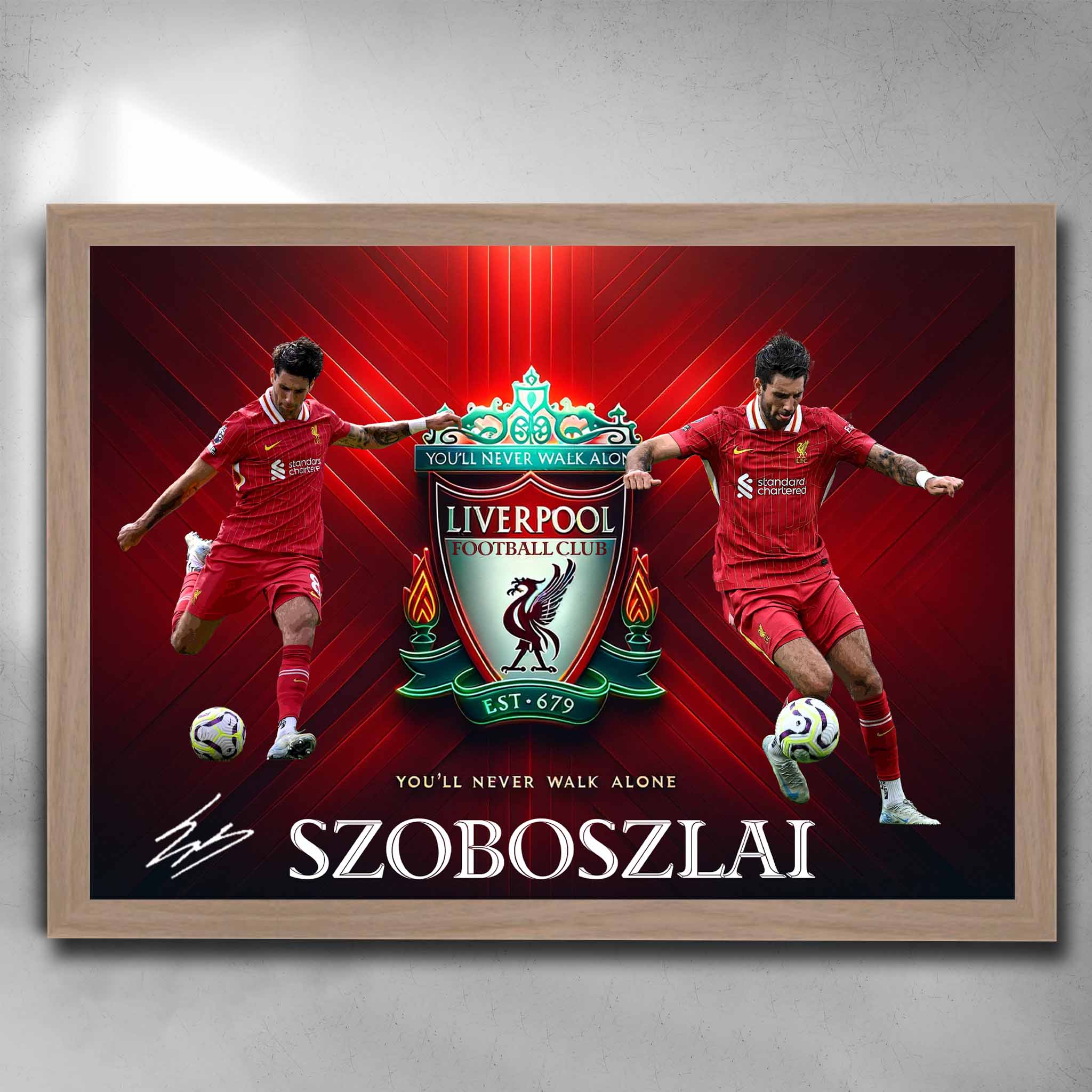 Dominik Szoboszlai Liverpool FC oak framed poster featuring dynamic action shots and club crest, perfect football art for fans.