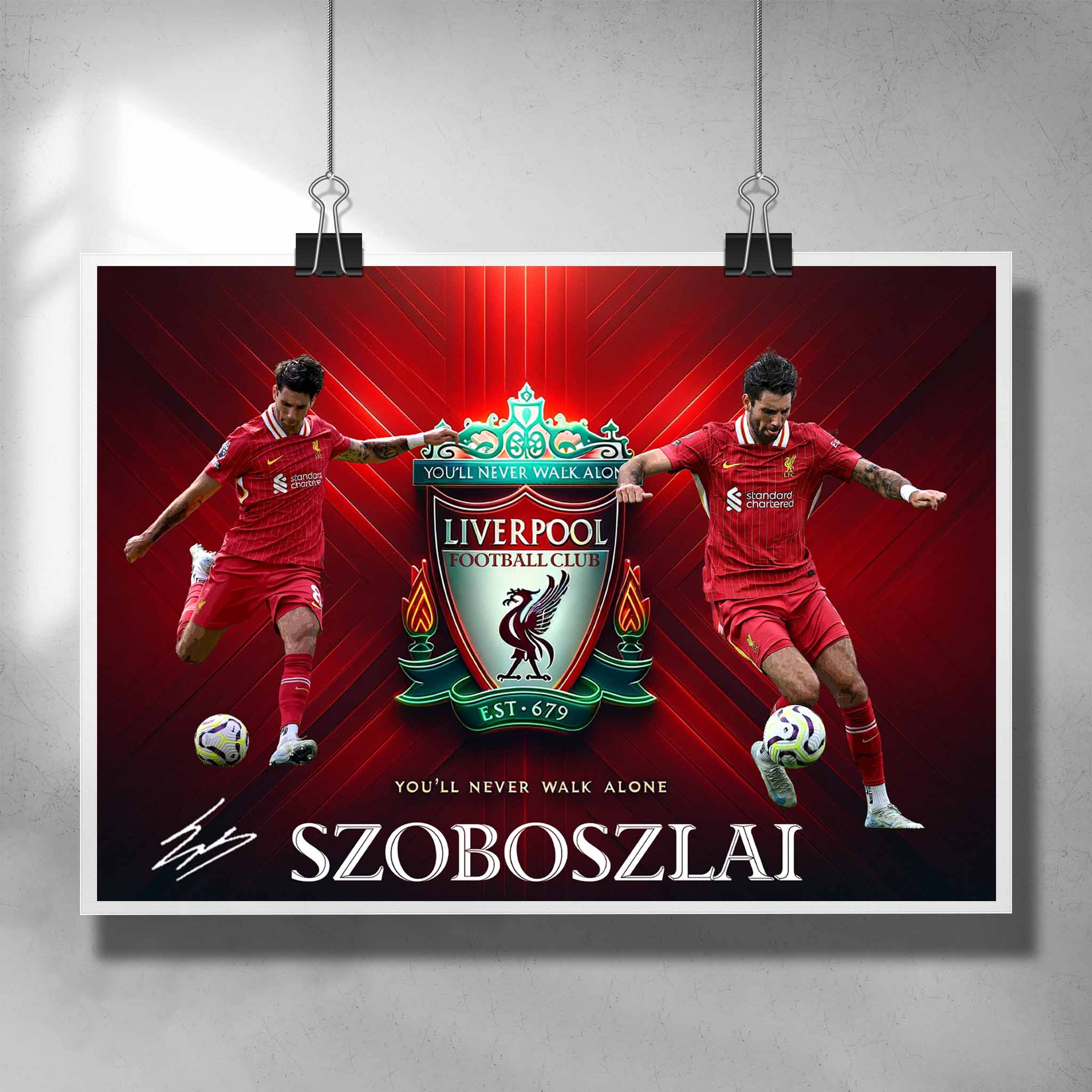 Dominik Szoboszlai Liverpool FC poster featuring dynamic action shots and club crest, perfect football art for fans.