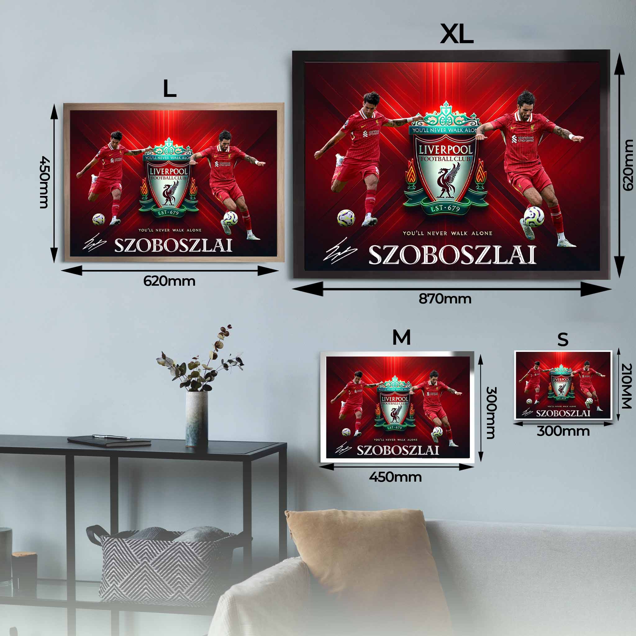 Dominik Szoboszlai Liverpool FC framed poster size chart, available in XL, L, M, and S, featuring player shots and club crest.