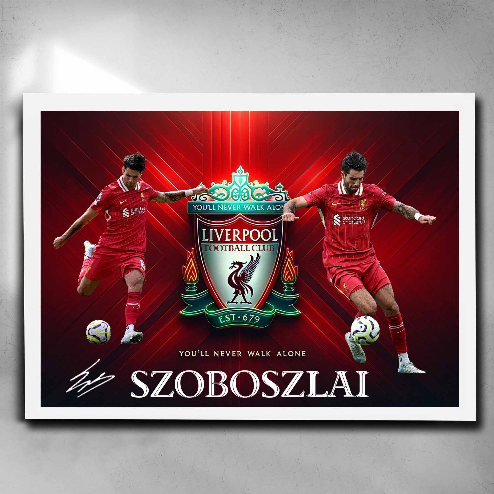 Dominik Szoboszlai Liverpool FC white framed poster featuring dynamic action shots and club crest, perfect football art for fans.