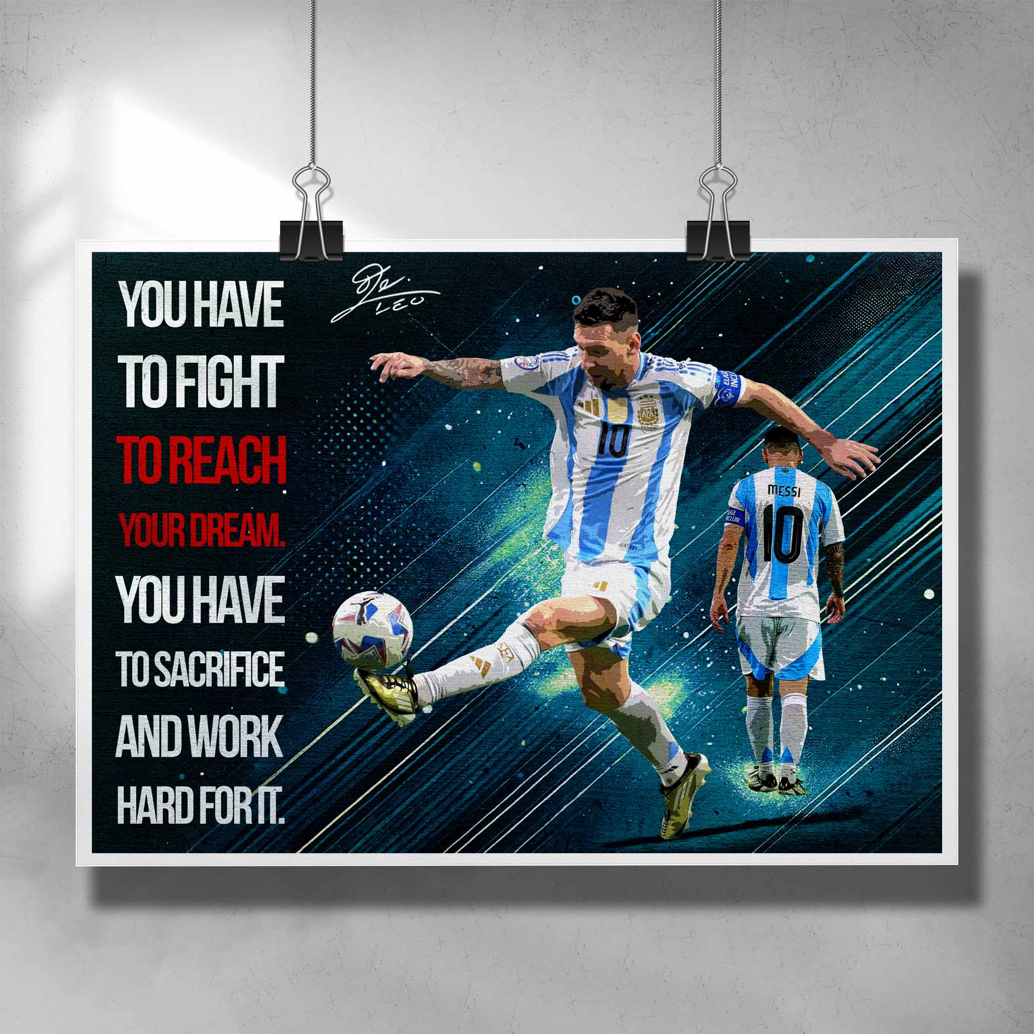 Unique motivational poster by Sports Cave, featuring football legend Lionel Messi with his famous quote.