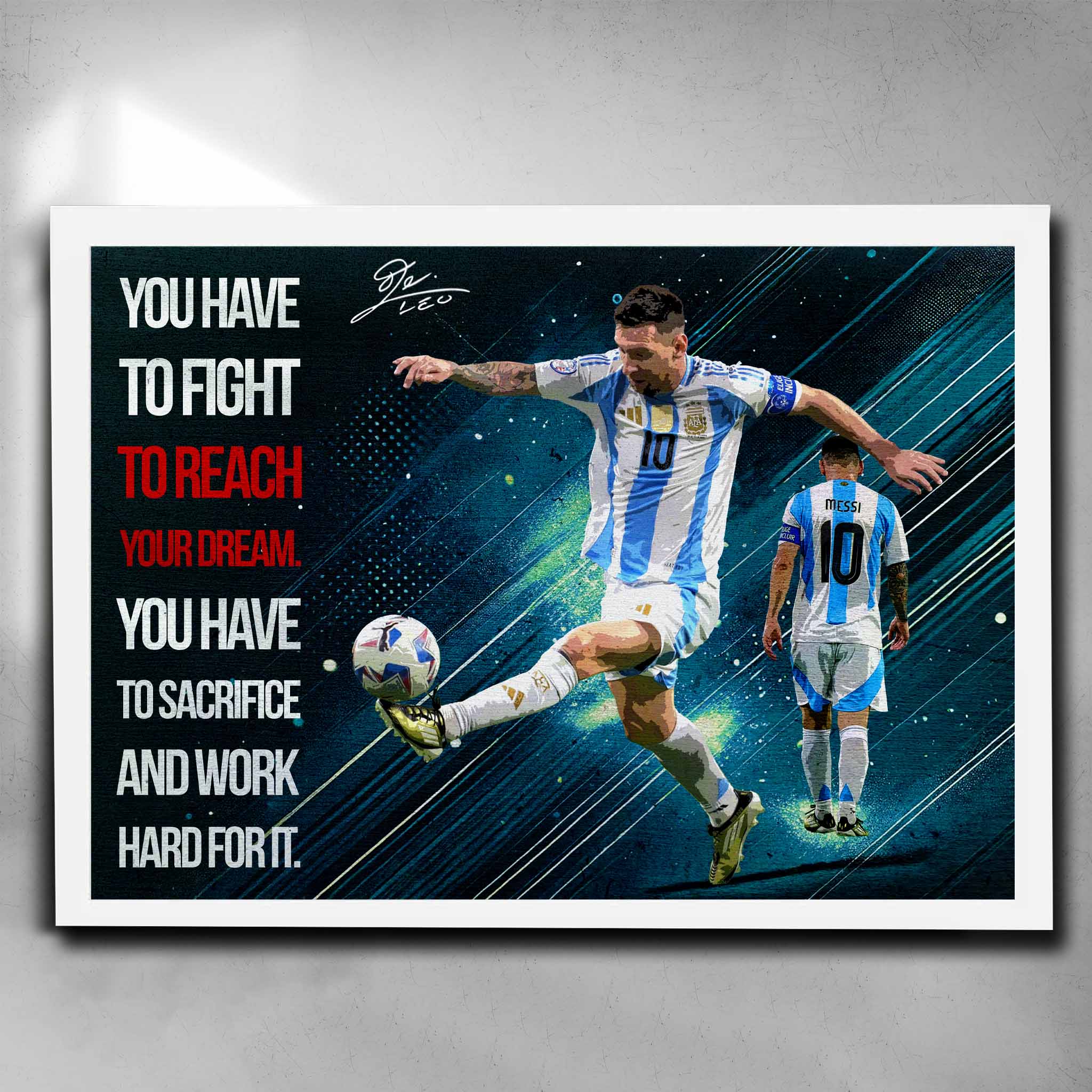 White framed motivational art by Sports Cave, featuring football legend Lionel Messi with his famous quote.