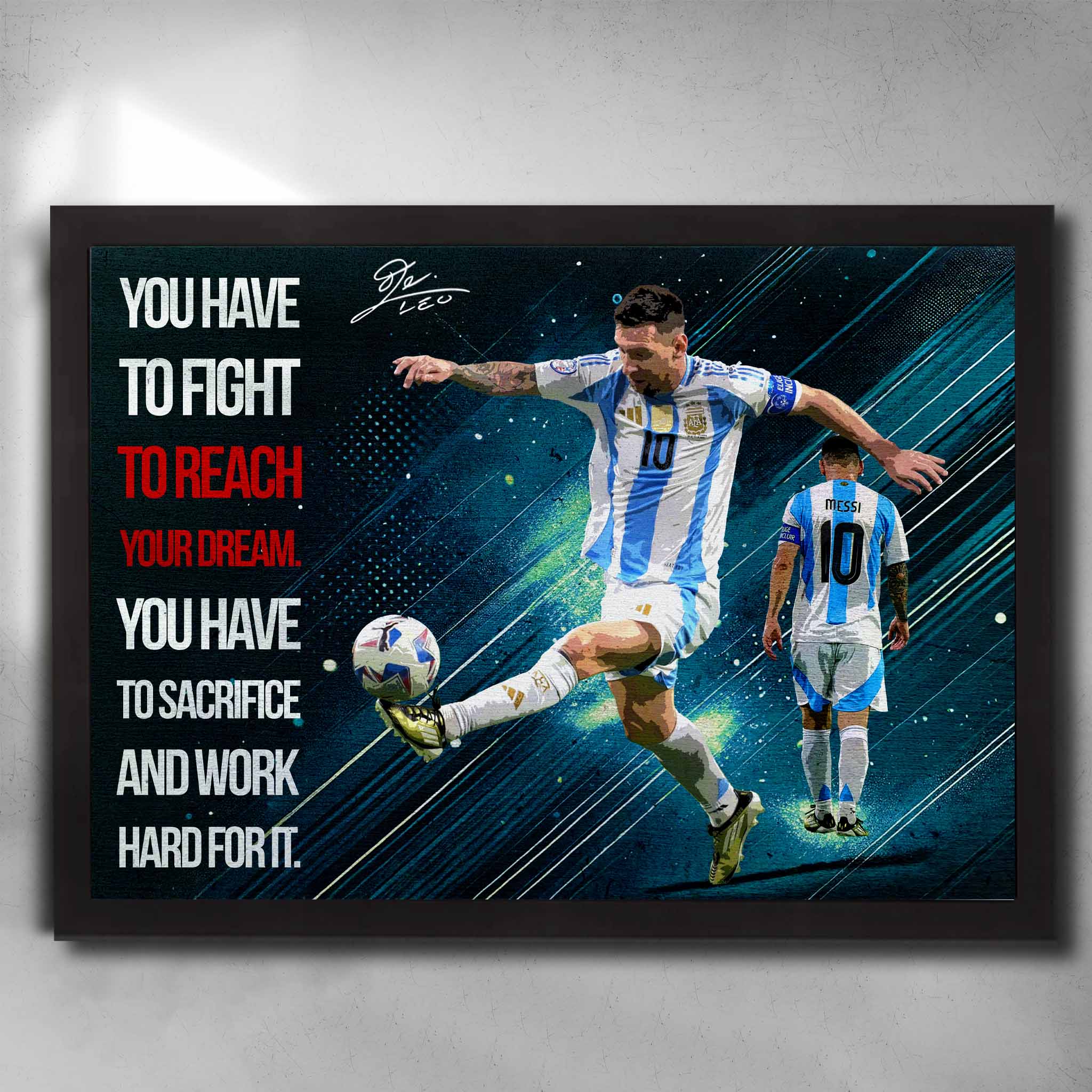 Black framed motivational art by Sports Cave, featuring football legend Lionel Messi with his famous quote.